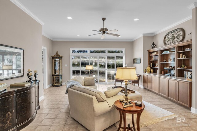 living room featuring recessed lighting, light tile patterned floors, ornamental molding, baseboards, and ceiling fan