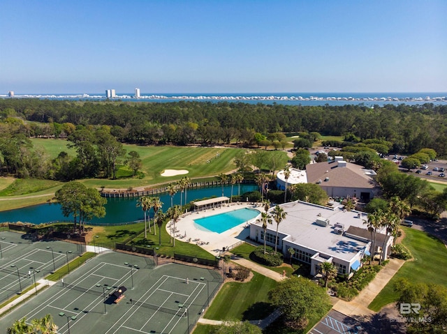 drone / aerial view with a water view