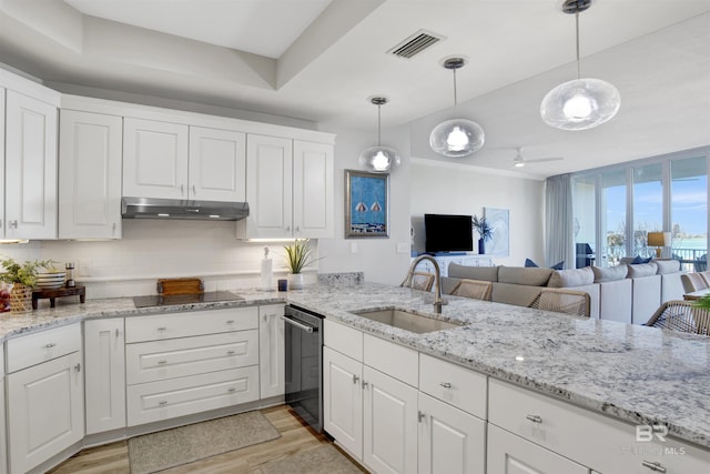 kitchen featuring visible vents, under cabinet range hood, light wood-style flooring, white cabinetry, and a sink