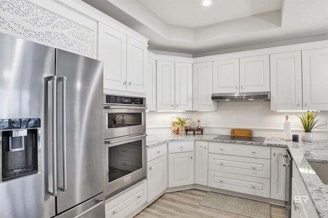 kitchen featuring under cabinet range hood, a tray ceiling, light wood-style flooring, stainless steel appliances, and white cabinetry