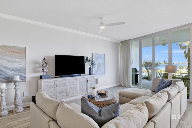 living area with floor to ceiling windows, crown molding, baseboards, and wood finished floors