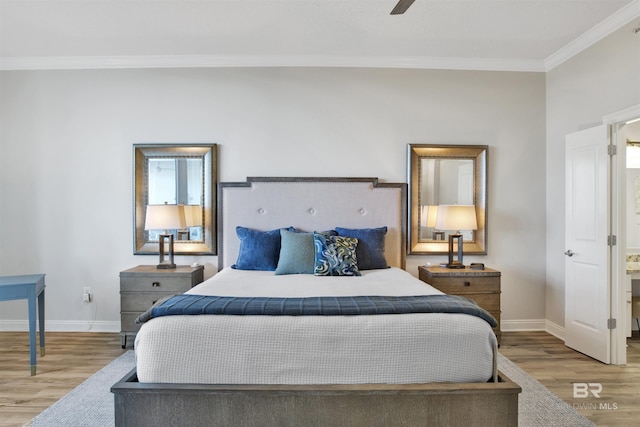 bedroom with ceiling fan, wood finished floors, baseboards, and ornamental molding