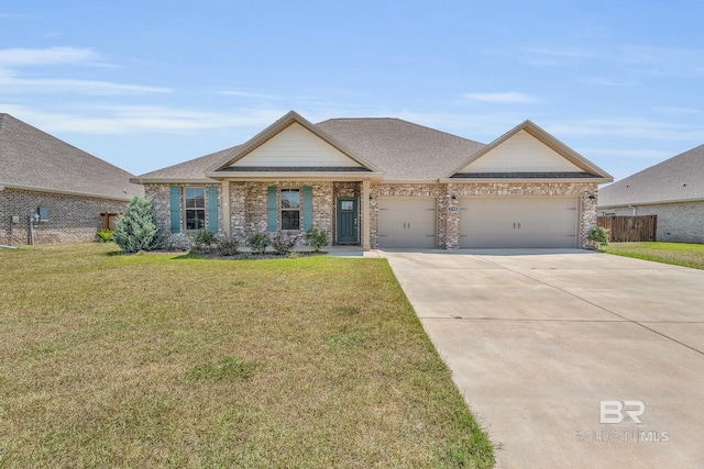 view of front facade featuring a front lawn, brick siding, driveway, and an attached garage