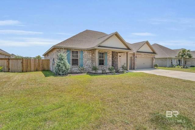 view of front of house featuring brick siding, concrete driveway, an attached garage, a front yard, and fence