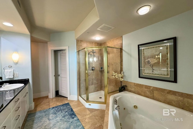 full bathroom with visible vents, a shower stall, vanity, a jetted tub, and tile patterned floors