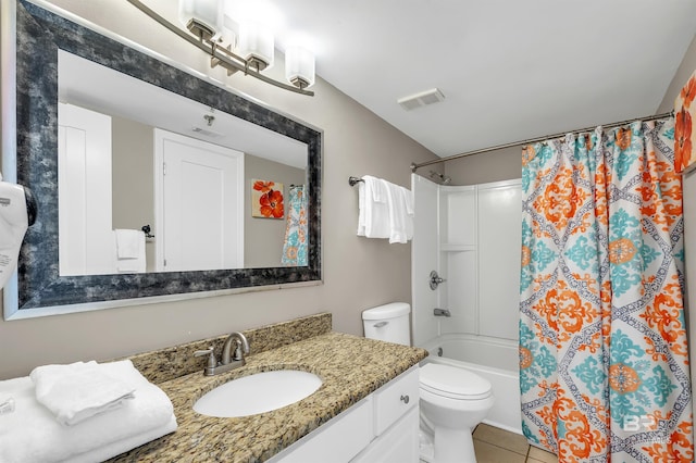 24230 Perdido Beach Blvd Unit 3077, Orange Beach, AL 36561 - bathroom with shower / bathtub combination with curtain, vanity, visible vents, toilet, and tile patterned floors