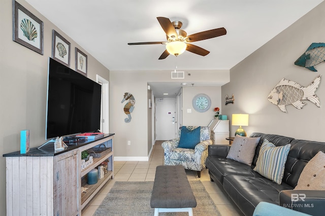 24230 Perdido Beach Blvd Unit 3077, Orange Beach, AL 36561 - living room featuring visible vents, ceiling fan, light tile patterned floors, and baseboards