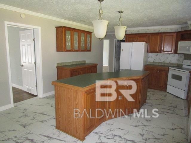 kitchen featuring pendant lighting, marble finish floor, glass insert cabinets, a kitchen island, and white appliances