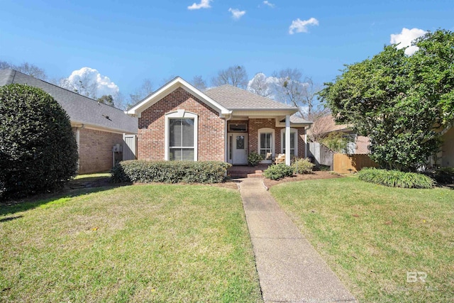 single story home with roof with shingles, fence, a front lawn, and brick siding