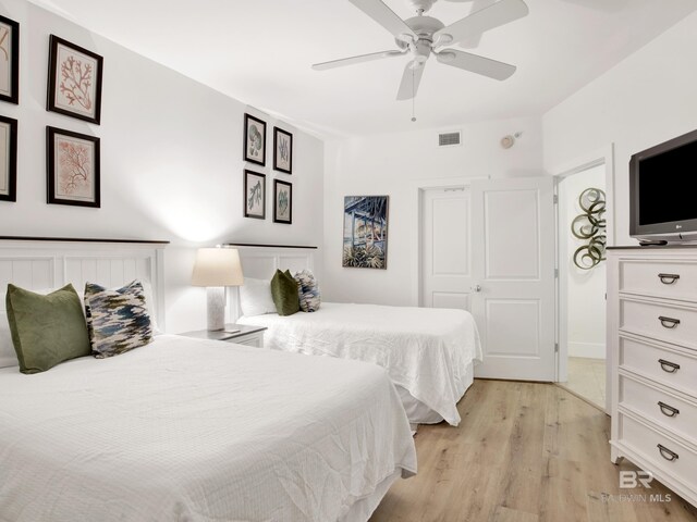 28105 Perdido Beach Blvd Unit C504, Orange Beach, AL 36561 - bedroom with a ceiling fan, visible vents, and light wood finished floors
