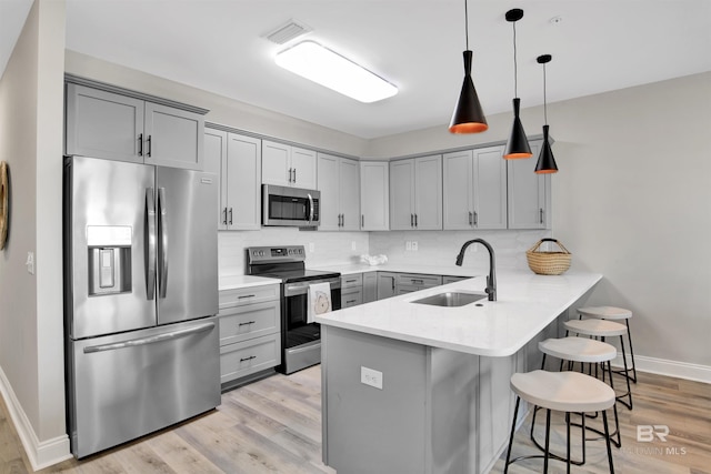 kitchen featuring a peninsula, a kitchen bar, appliances with stainless steel finishes, a sink, and gray cabinetry