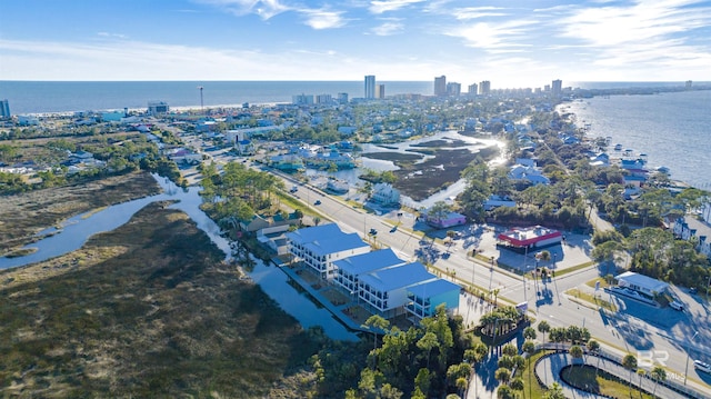 birds eye view of property with a water view and a city view