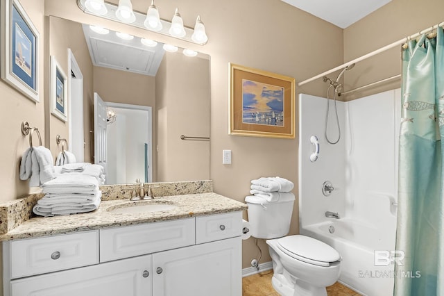 full bathroom featuring vanity, tile patterned floors, shower / bath combo with shower curtain, and toilet