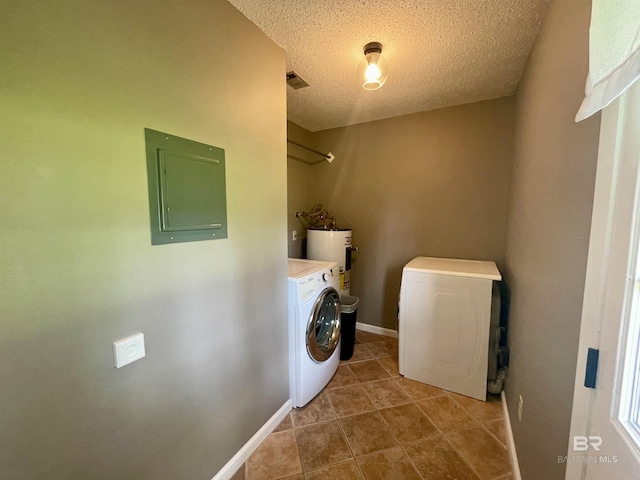 2274 Foshee Rd, Brewton, AL 36426 - washroom featuring electric panel, a textured ceiling, tile patterned flooring, washer and dryer, and water heater