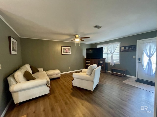 2274 Foshee Rd, Brewton, AL 36426 - living area with ceiling fan, dark wood-style floors, and ornamental molding