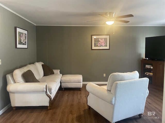 2274 Foshee Rd, Brewton, AL 36426 - living room featuring dark wood-style flooring, a ceiling fan, and ornamental molding