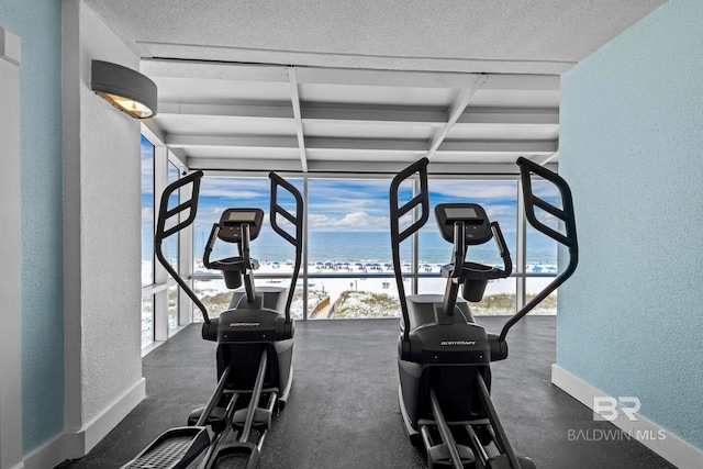 521 W Beach Blvd Unit 1702, Gulf Shores, AL 36542 - workout area with a textured wall, a water view, expansive windows, and a textured ceiling