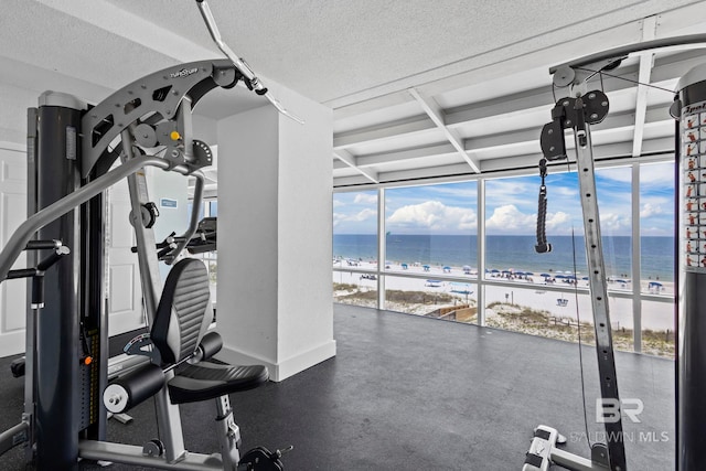521 W Beach Blvd Unit 1702, Gulf Shores, AL 36542 - workout area with floor to ceiling windows, a water view, and a textured ceiling
