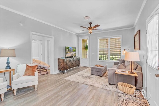 25806 Pollard Rd Unit 204, Daphne, AL 36526 - living room with wood finished floors, plenty of natural light, ceiling fan, and crown molding