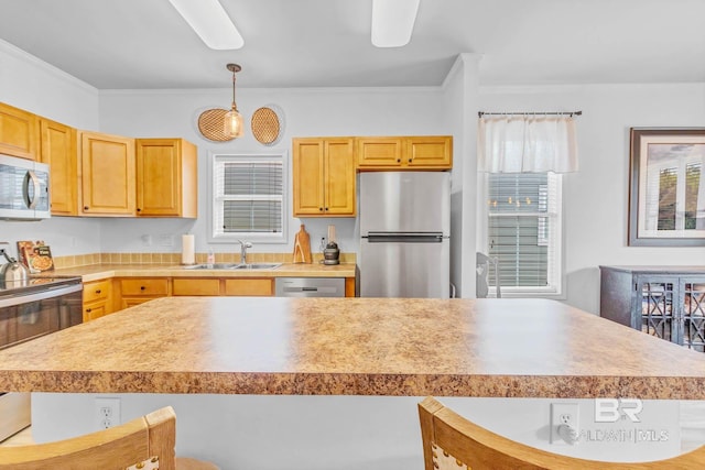 25806 Pollard Rd Unit 204, Daphne, AL 36526 - kitchen with appliances with stainless steel finishes, decorative light fixtures, crown molding, and light countertops