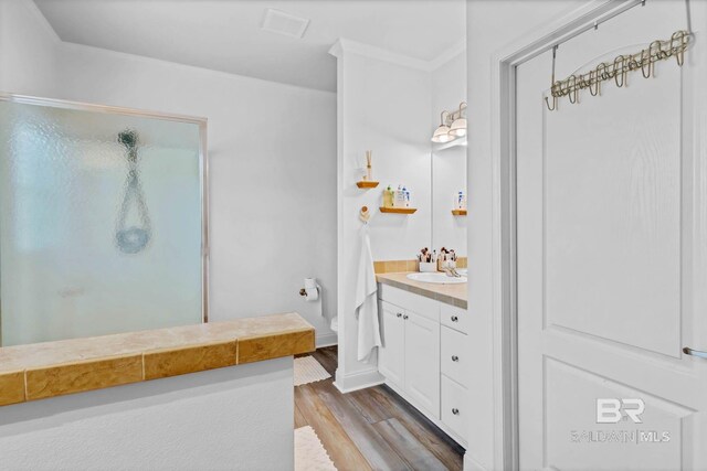25806 Pollard Rd Unit 204, Daphne, AL 36526 - bathroom featuring wood finished floors, a shower stall, and vanity