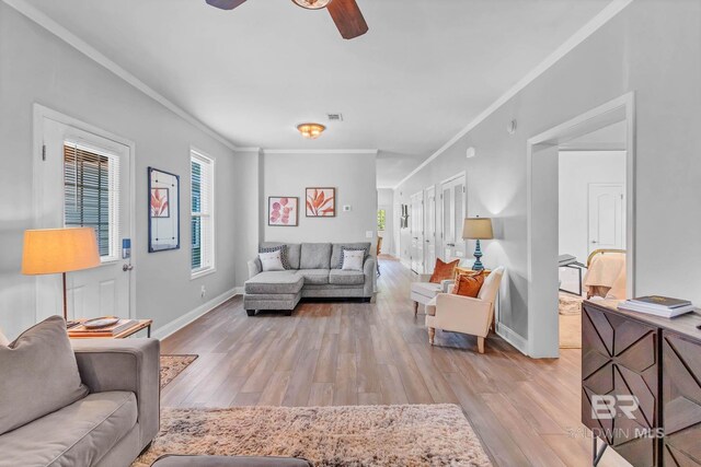 25806 Pollard Rd Unit 204, Daphne, AL 36526 - living area featuring a ceiling fan, crown molding, and light wood finished floors