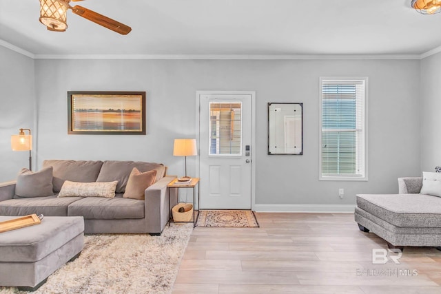 25806 Pollard Rd Unit 204, Daphne, AL 36526 - living area with crown molding, light wood-style flooring, and ceiling fan