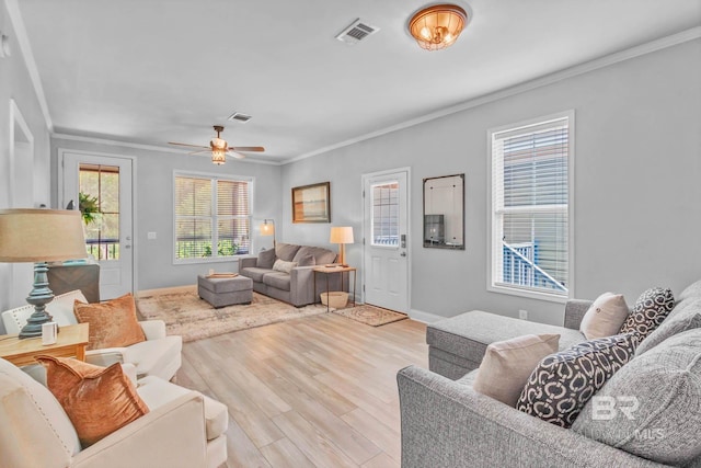 25806 Pollard Rd Unit 204, Daphne, AL 36526 - living room featuring ornamental molding, wood finished floors, and ceiling fan