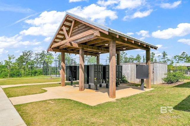 view of community with mail area, a yard, and fence