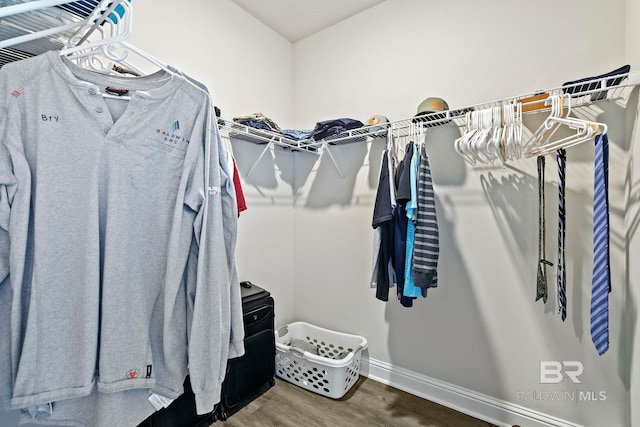 walk in closet with wood finished floors