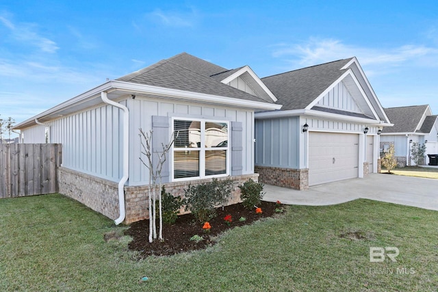 view of front of property with brick siding, board and batten siding, and a front lawn