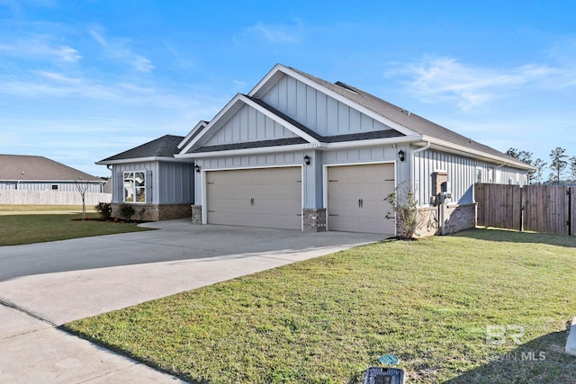 view of front of property with board and batten siding, concrete driveway, a front yard, a garage, and brick siding