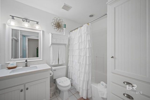316 Quivira St, Dauphin Island, AL 36528 - bathroom featuring visible vents, toilet, shower / bathtub combination with curtain, vanity, and tile patterned floors