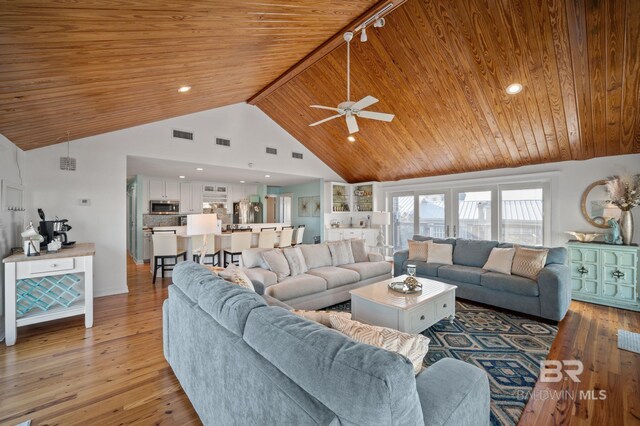 316 Quivira St, Dauphin Island, AL 36528 - living area with visible vents, light wood-style flooring, a ceiling fan, and wooden ceiling