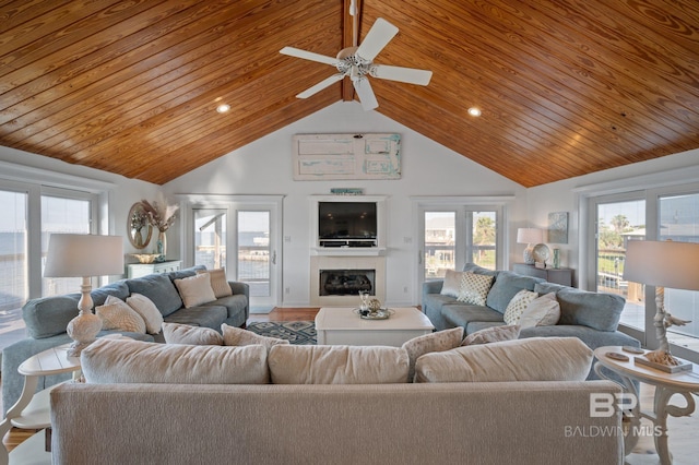 316 Quivira St, Dauphin Island, AL 36528 - living room with ceiling fan, a fireplace, wood ceiling, wood finished floors, and high vaulted ceiling