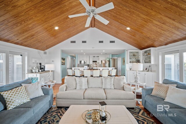 316 Quivira St, Dauphin Island, AL 36528 - living room with visible vents, a ceiling fan, wooden ceiling, and wood finished floors