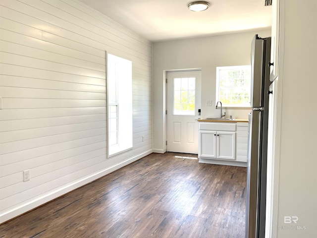 interior space featuring wooden walls, baseboards, dark wood-style flooring, and a sink