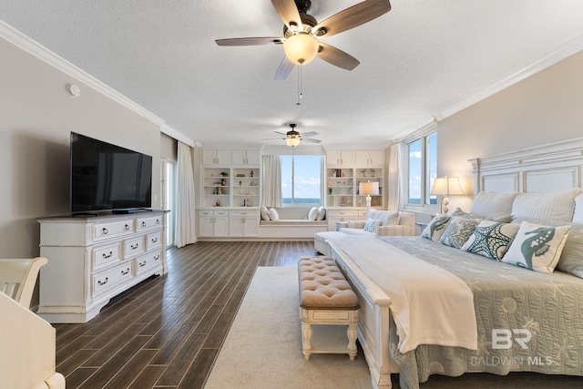 375 Beach Club Dr Unit 1801, Gulf Shores, AL 36542 - bedroom with crown molding, dark wood-type flooring, a textured ceiling, and ceiling fan