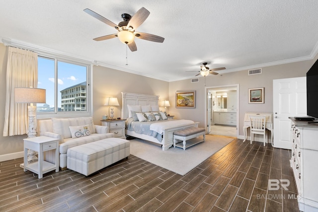 375 Beach Club Dr Unit 1801, Gulf Shores, AL 36542 - bedroom featuring dark wood-style flooring, baseboards, a textured ceiling, crown molding, and connected bathroom
