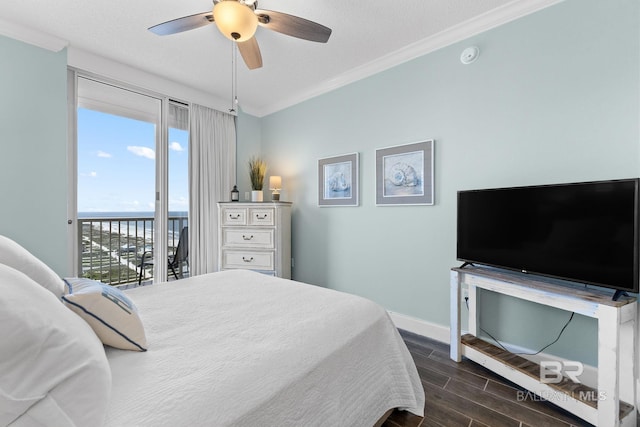 375 Beach Club Dr Unit 1801, Gulf Shores, AL 36542 - bedroom featuring access to exterior, wood finish floors, crown molding, baseboards, and ceiling fan