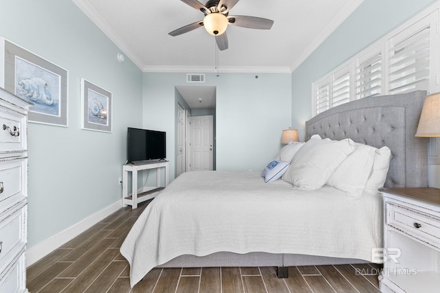 375 Beach Club Dr Unit 1801, Gulf Shores, AL 36542 - bedroom with crown molding, dark wood finished floors, baseboards, and ceiling fan