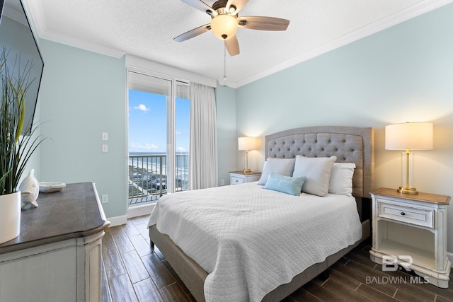 375 Beach Club Dr Unit 1801, Gulf Shores, AL 36542 - bedroom with access to outside, a water view, ornamental molding, wood tiled floors, and ceiling fan