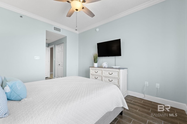 375 Beach Club Dr Unit 1801, Gulf Shores, AL 36542 - bedroom featuring wood finish floors, baseboards, crown molding, and a ceiling fan