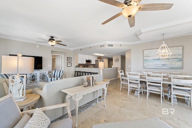 375 Beach Club Dr Unit 1801, Gulf Shores, AL 36542 - living area with ceiling fan, crown molding, light tile patterned floors, and baseboards