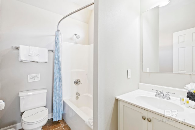 full bathroom with shower / bath combination with curtain, toilet, tile patterned flooring, and vanity