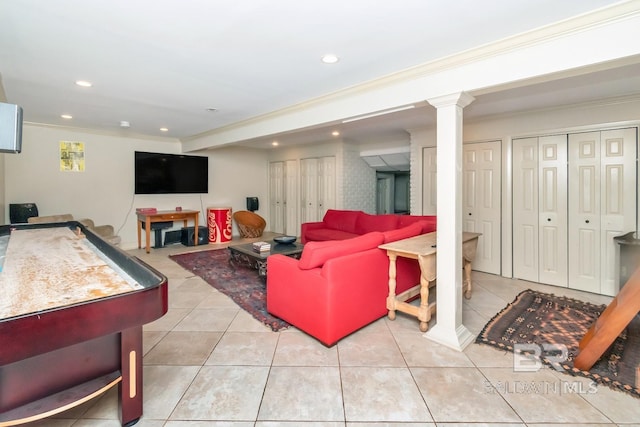 tiled living room with crown molding