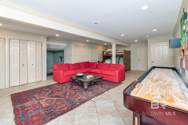 tiled living room with crown molding