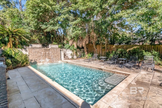 view of pool with pool water feature and a patio