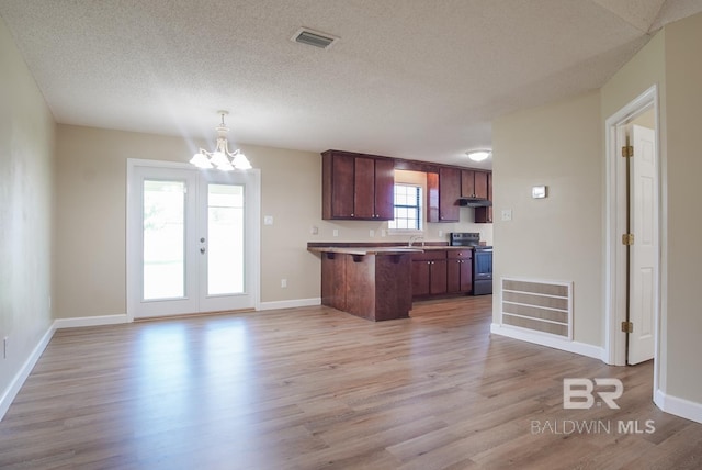 kitchen featuring a breakfast bar, sink, pendant lighting, light wood-type flooring, and electric stove