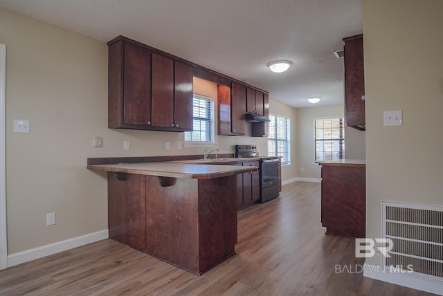 kitchen featuring sink, light hardwood / wood-style floors, a textured ceiling, stainless steel electric range oven, and kitchen peninsula